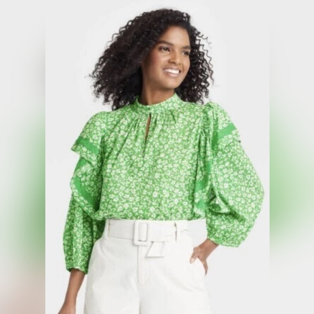 Green Floral Ruffle-Sleeve Blouse Sz XL